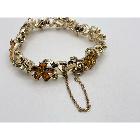 Coro Jewelry - Coro Silver Amber Rhinestone Flower Vintage Jewelry Bracelet With Safety Clasp